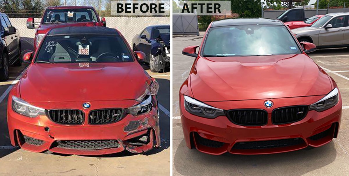 BMW M-car front-end collision repair, before and after