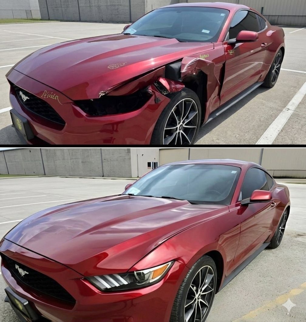 Red Ford Mustang front-end collision damage before repair, and the finished car after, shown before and after