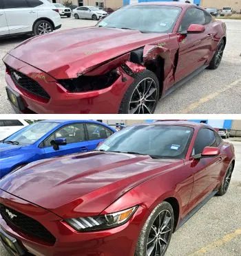 Ford Mustang front-end collision repair, before and after