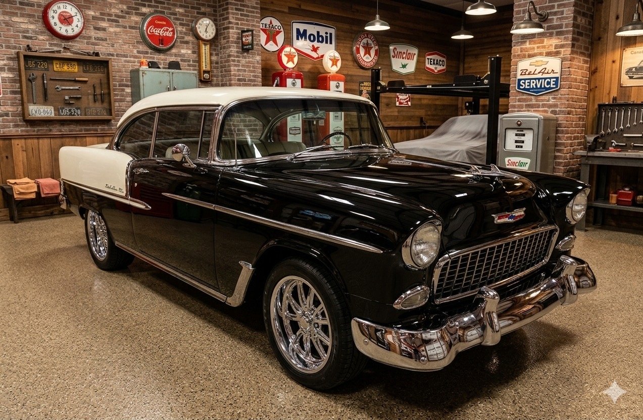 Black and cream 1955 Chevrolet Bel Air hardtop in a vintage-signage garage
