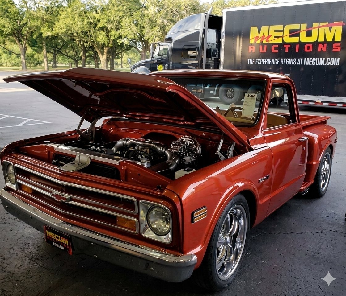 Copper 1968 Chevrolet C10 stepside pickup with the hood raised at a Mecum auction
