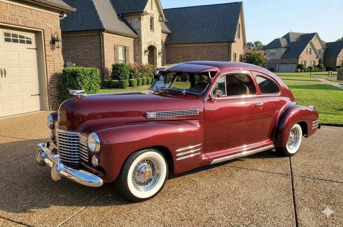 Maroon 1941 Cadillac fastback coupe on wide whitewall tires in a residential driveway