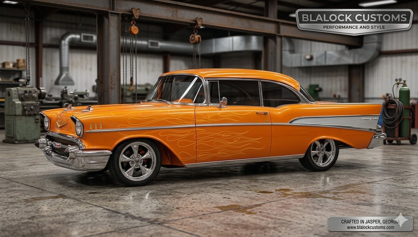 Orange 1957 Chevrolet Bel Air with flame pinstriping inside the Blalock Customs shop
