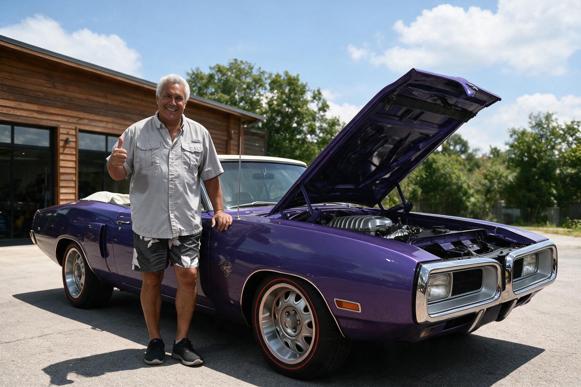 Blalock Customs owner with a purple HEMI Charger R/T outside the shop
